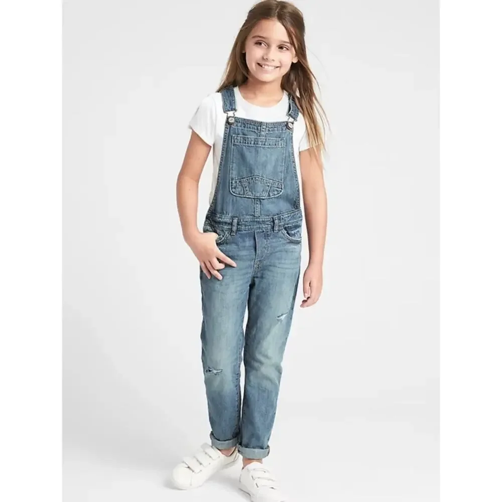 GAP Kids Distressed‎ Jean Overalls L Medium Indigo Denim
